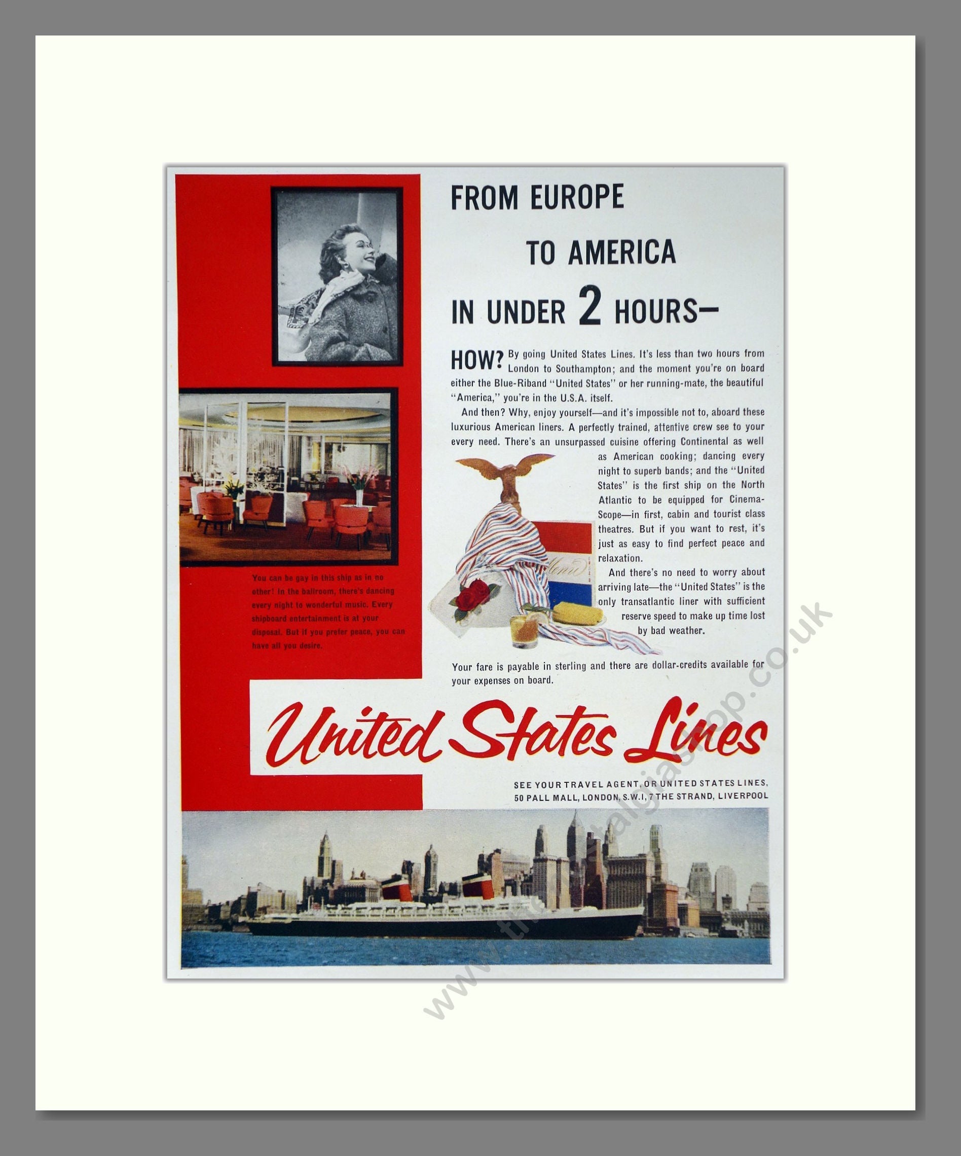 United States Lines - SS United States / Europe To America. Vintage Advert 1955 (ref AD63842)