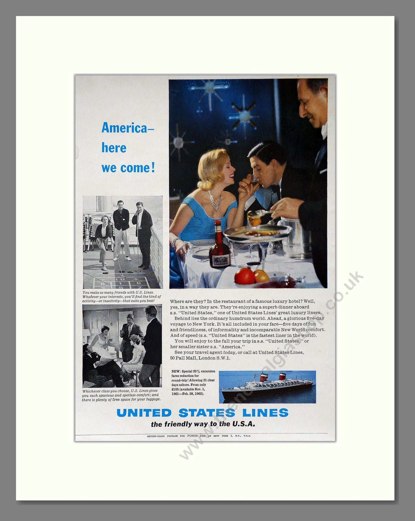 United States Lines - SS United States /  America Here We Come. Vintage Advert 1961 (ref AD63843)
