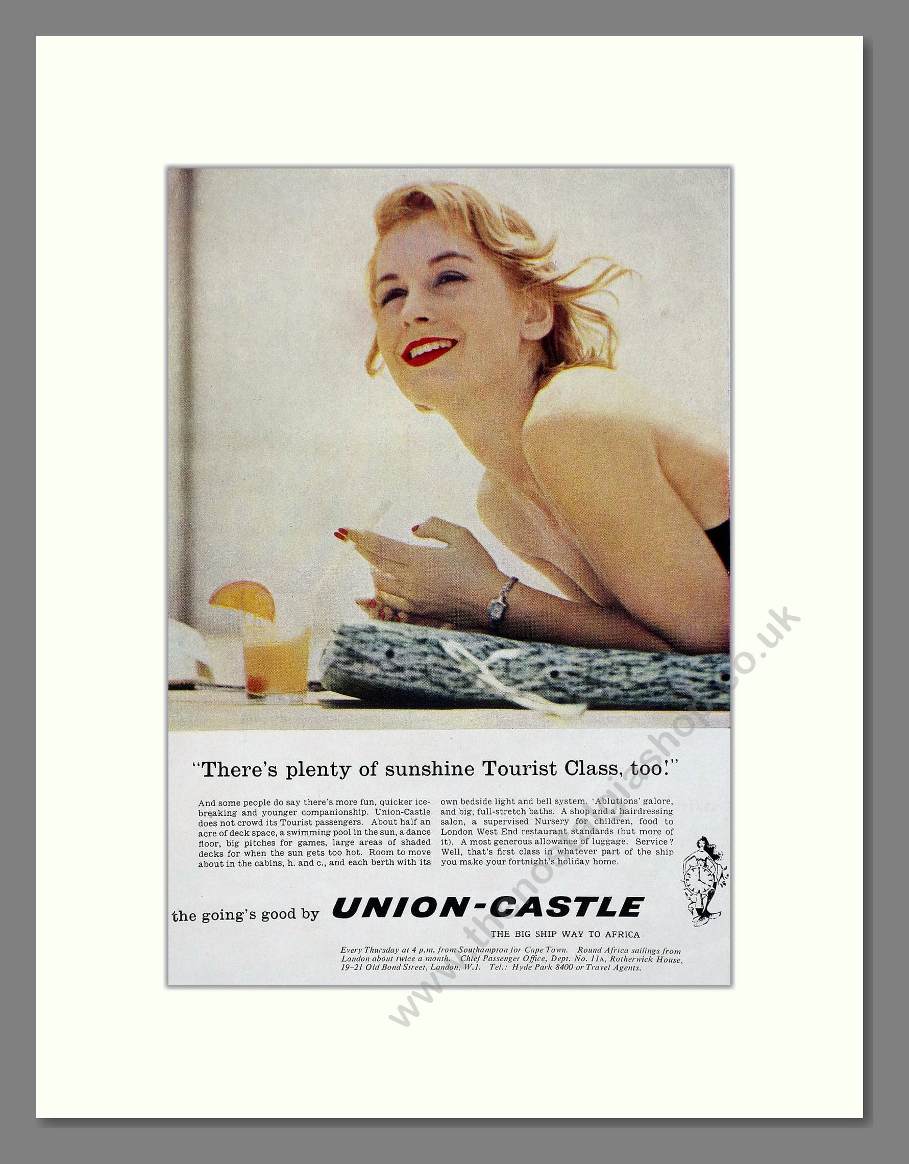 Union Castle - There's Plenty Of Sunshine Tourist Class. Vintage Advert 1960 (ref AD63862)