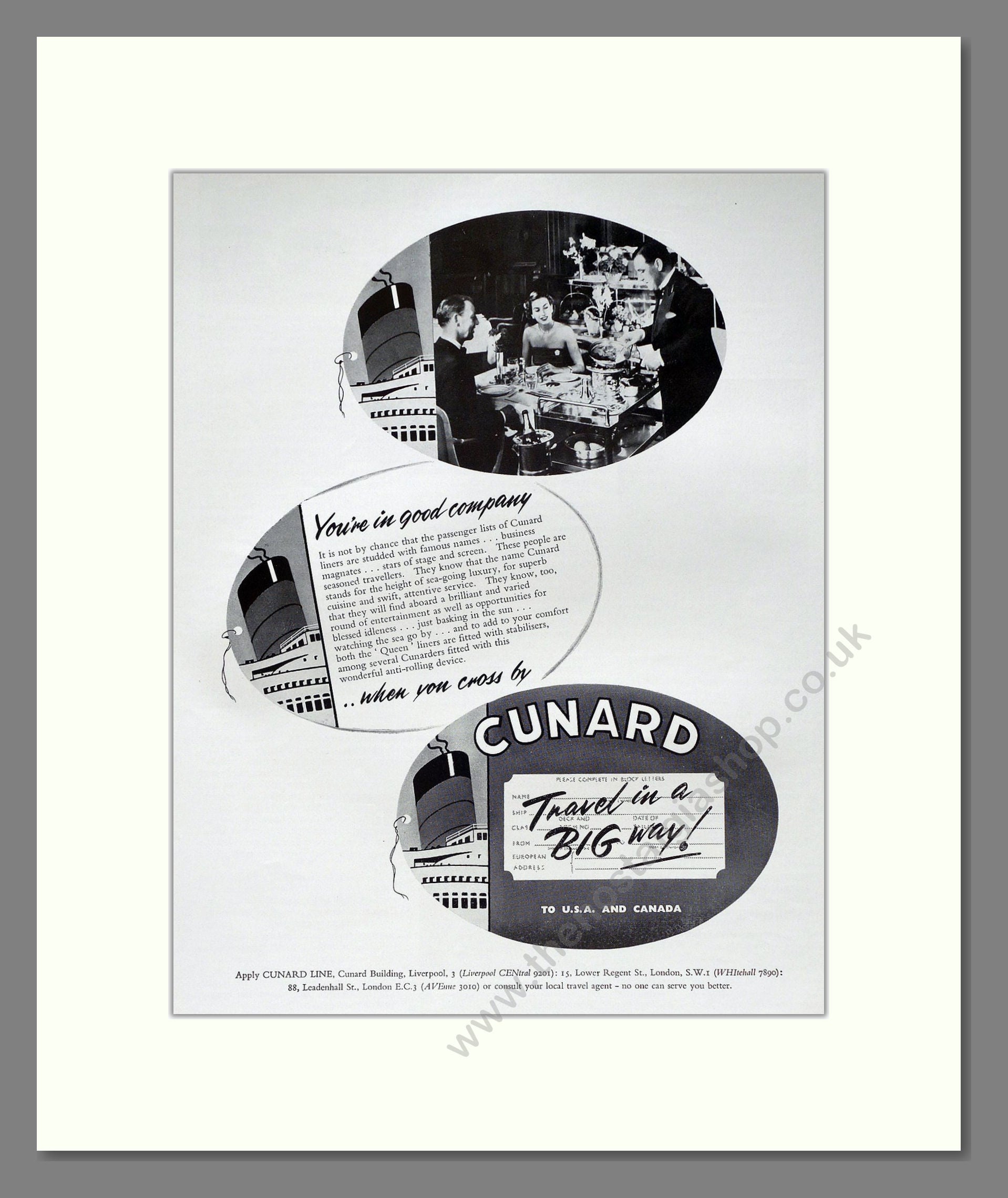 Cunard - Travel In A Big Way. Vintage Advert 1958 (ref AD63895)