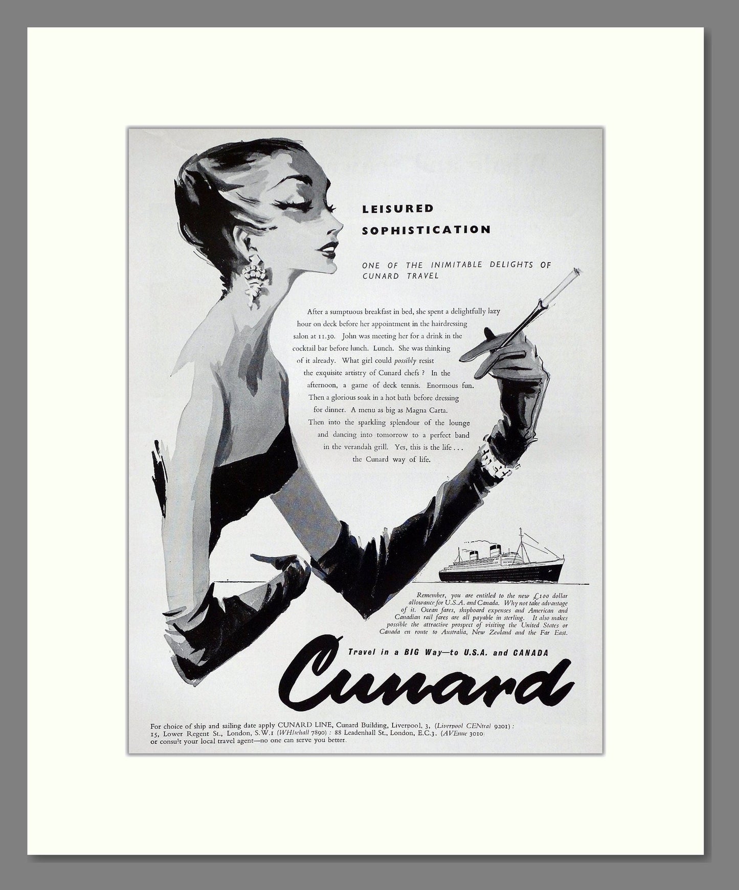 Cunard - Leisured Sophistication. Vintage Advert 1958 (ref AD63896)