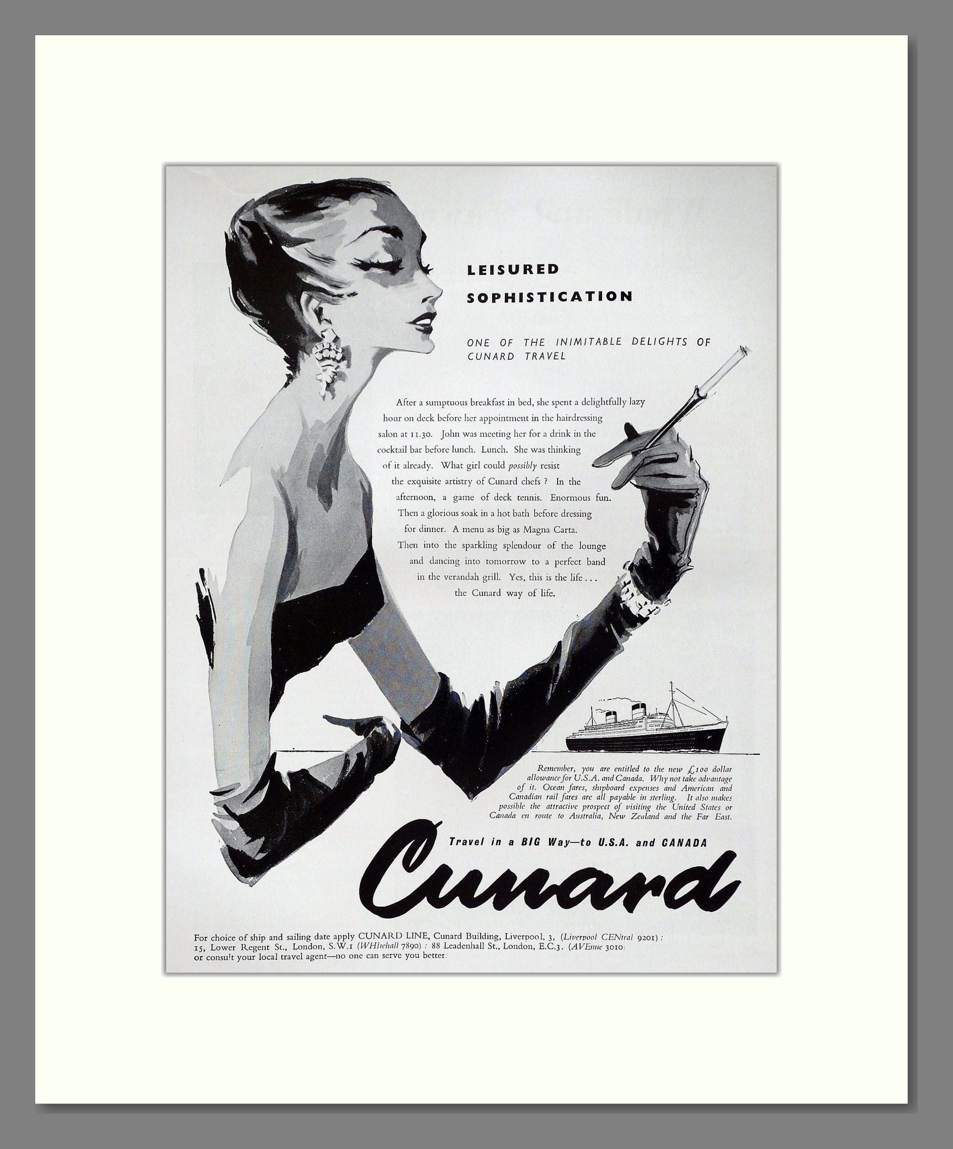 Cunard - Leisured Sophistication. Vintage Advert 1958 (ref AD63896)
