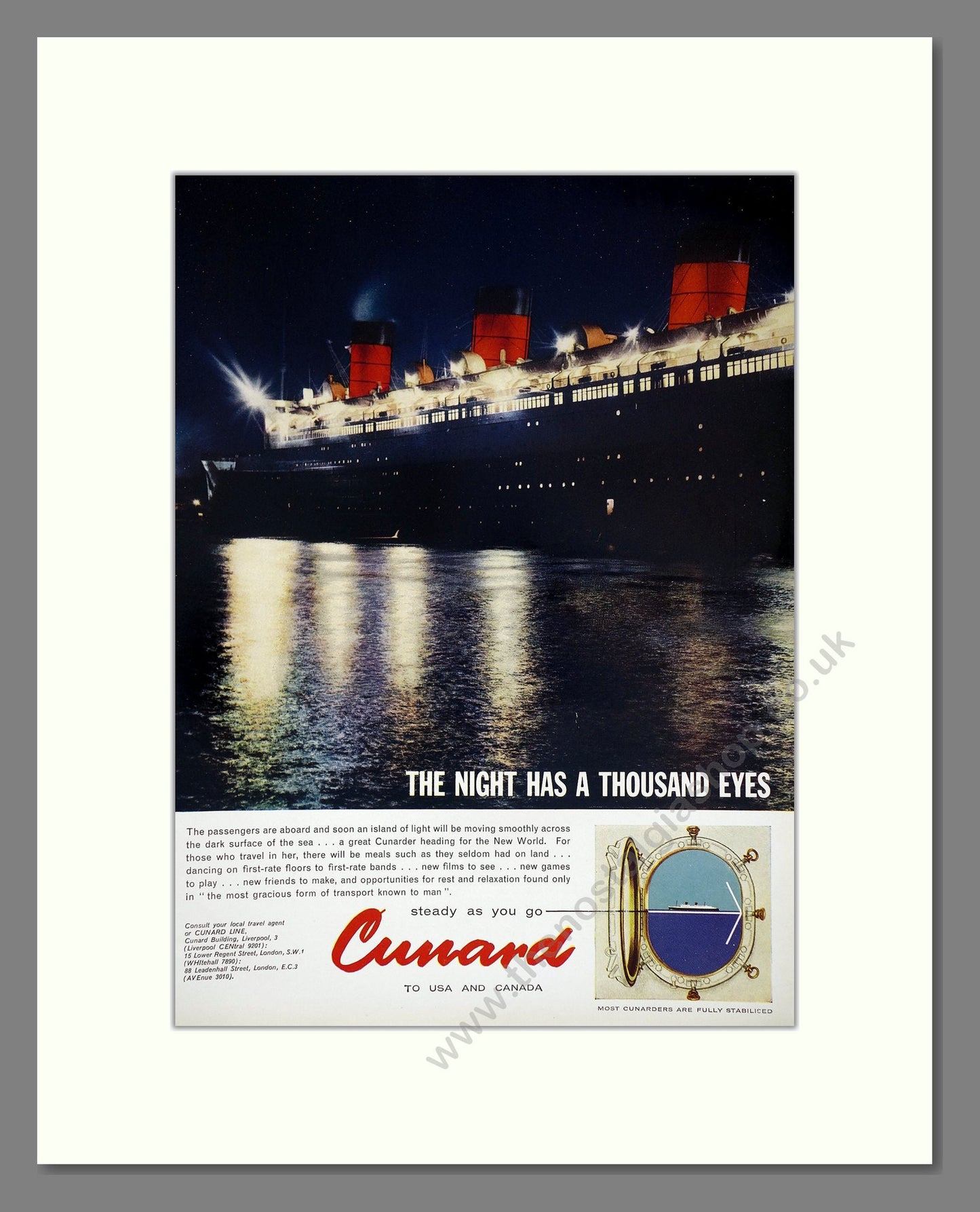 Cunard - The Night Has A Thousand Eyes. Vintage Advert 1961 (ref AD63899)