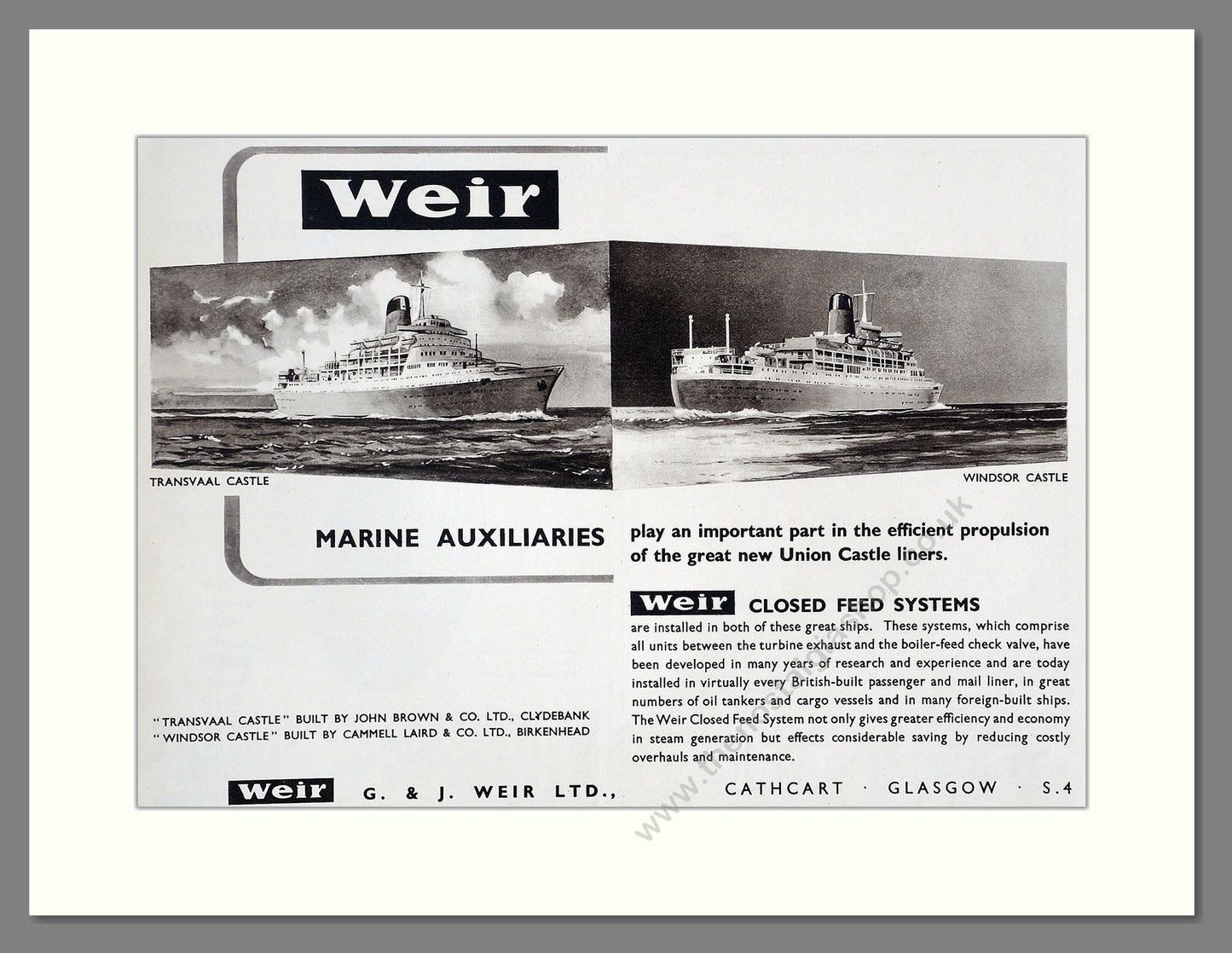 Weir - Marine Auxiliaries. Vintage Advert 1952 (ref AD63956)