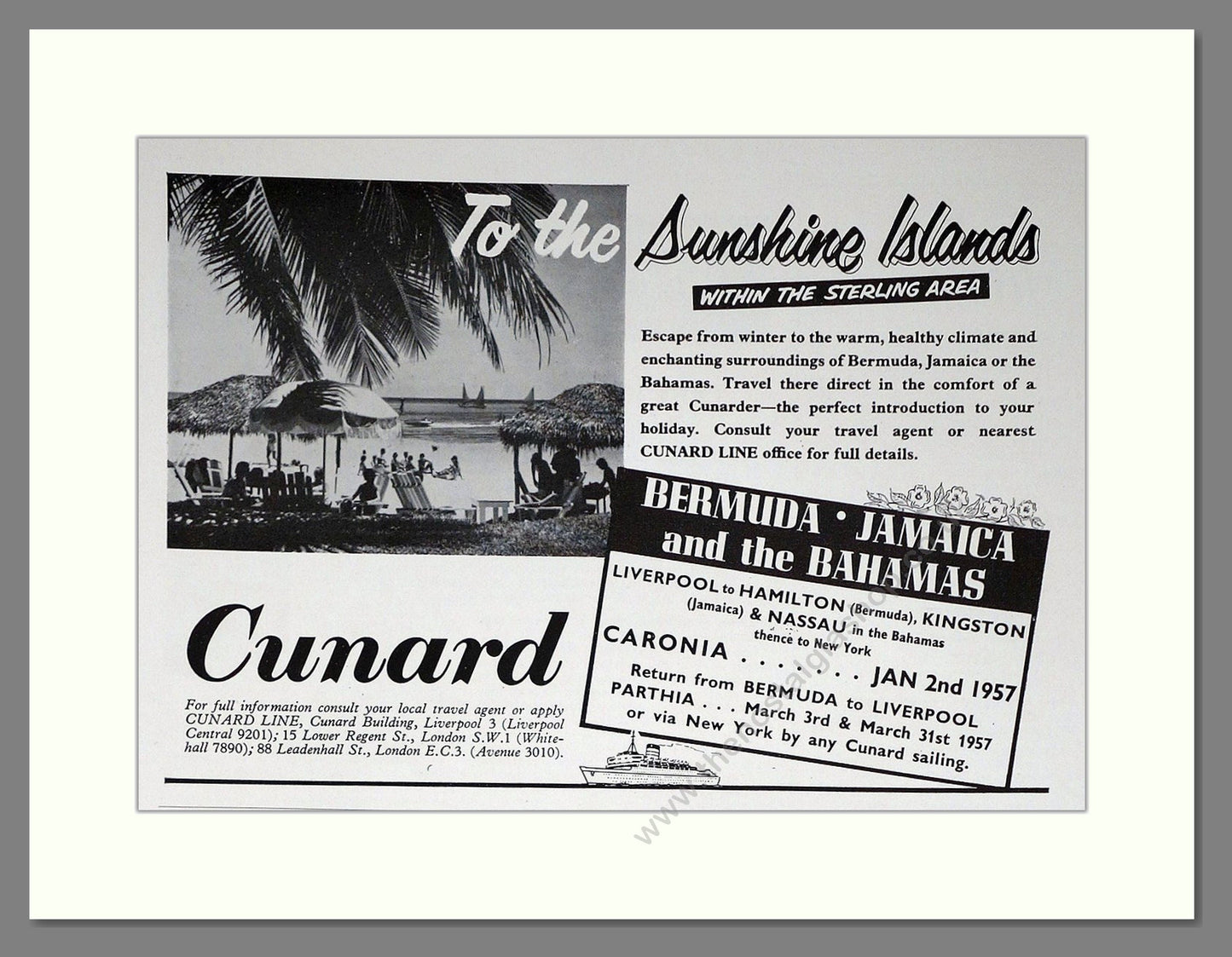 Cunard - Sunsine Islands. Vintage Advert 1956 (ref AD63957)