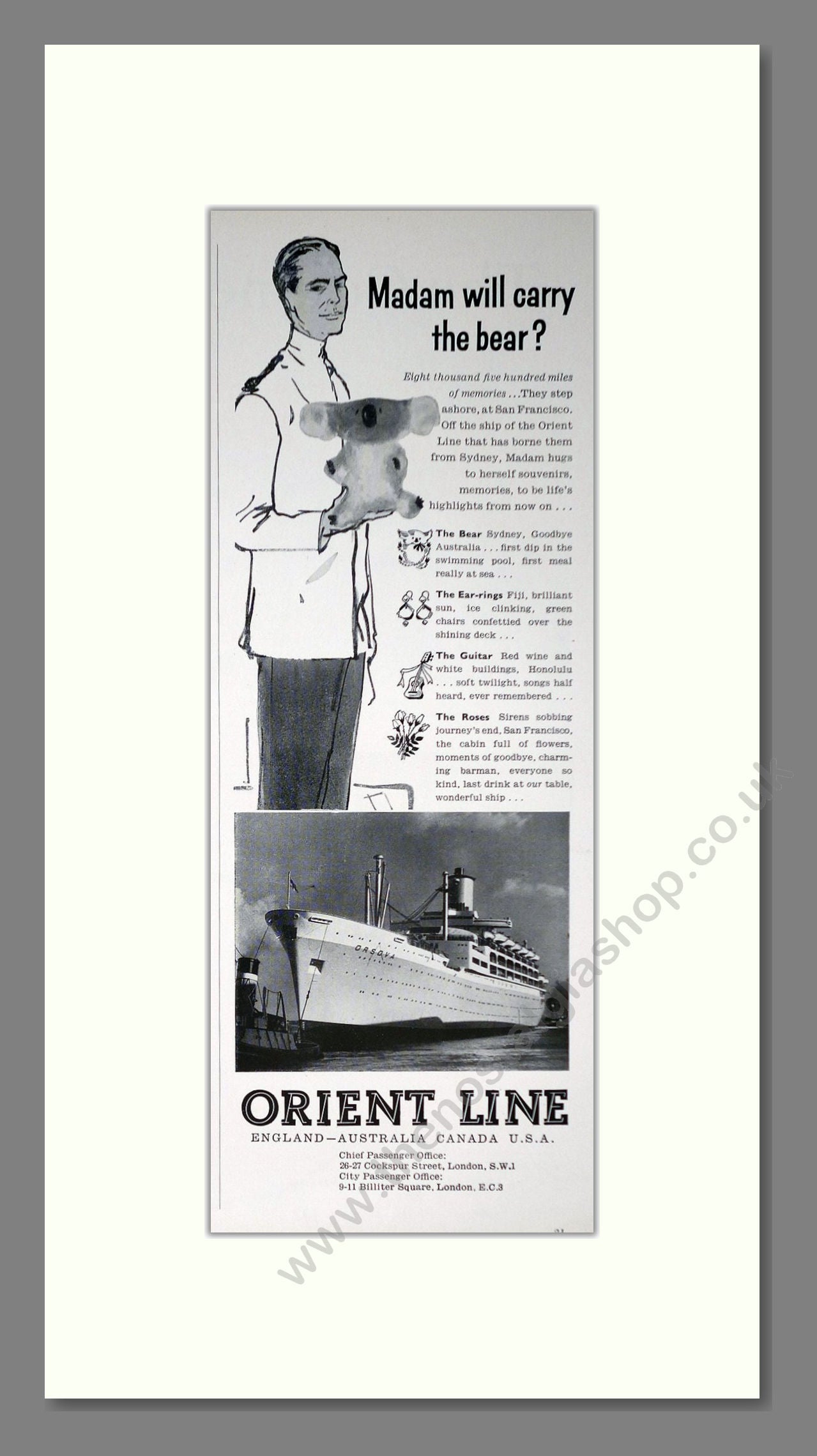 Orient Line - Madam Will You Carry The Bear. Vintage Advert 1957 (ref AD63961)