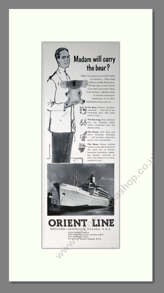 Orient Line - Madam Will You Carry The Bear. Vintage Advert 1957 (ref AD63961)