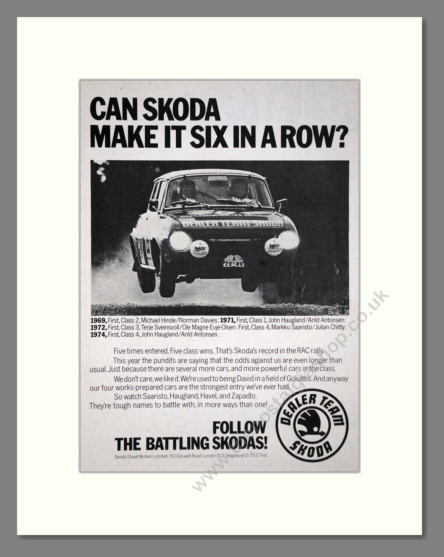 Skoda - RAC Rally. Vintage Advert 1975 (ref AD64031) – The Nostalgia Shop