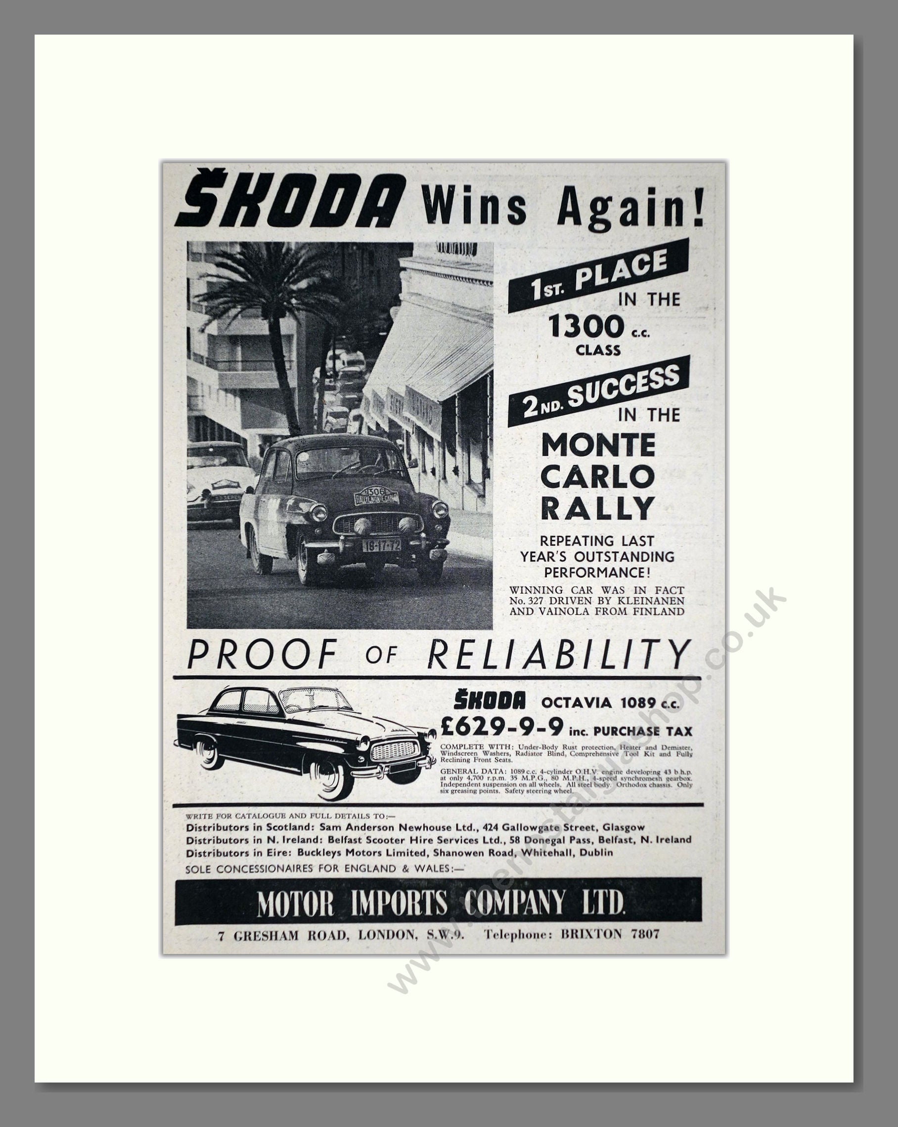 Skoda - Monte Carlo Rally. Vintage Advert 1962 (ref AD64033)