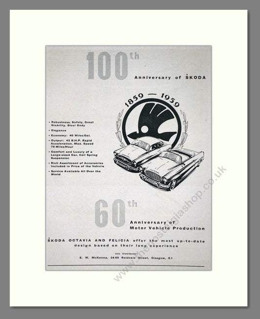 Skoda - 100th Anniversary. Vintage Advert 1959 (ref AD64035)
