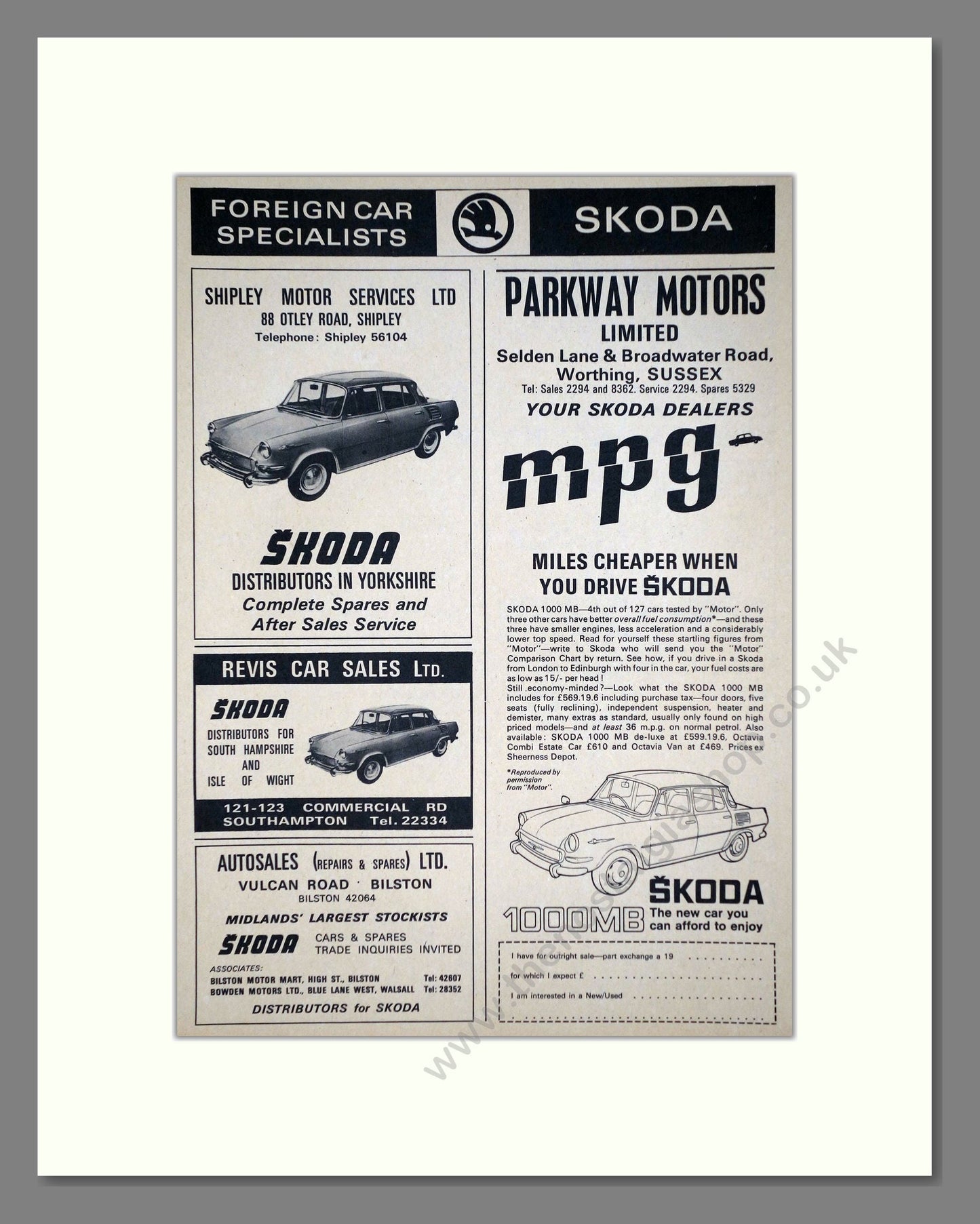 Skoda - UK Dealers. Vintage Advert 1967 (ref AD64039)