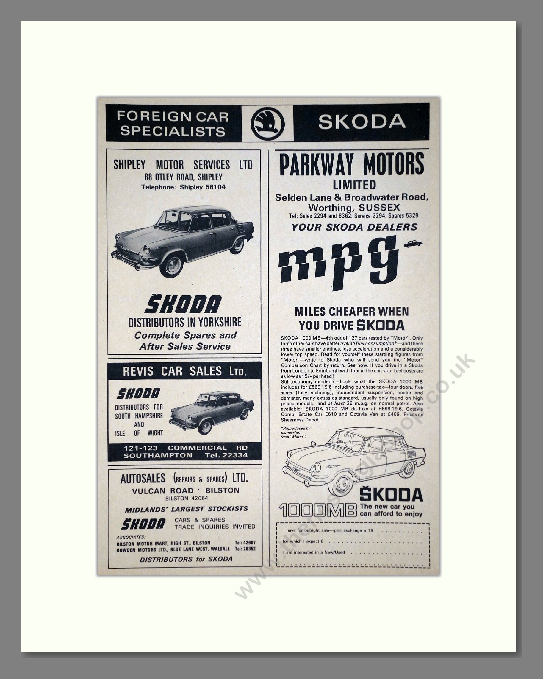 Skoda - UK Dealers. Vintage Advert 1967 (ref AD64039)