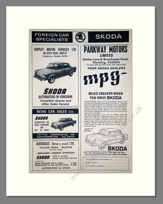 Skoda - UK Dealers. Vintage Advert 1967 (ref AD64039)