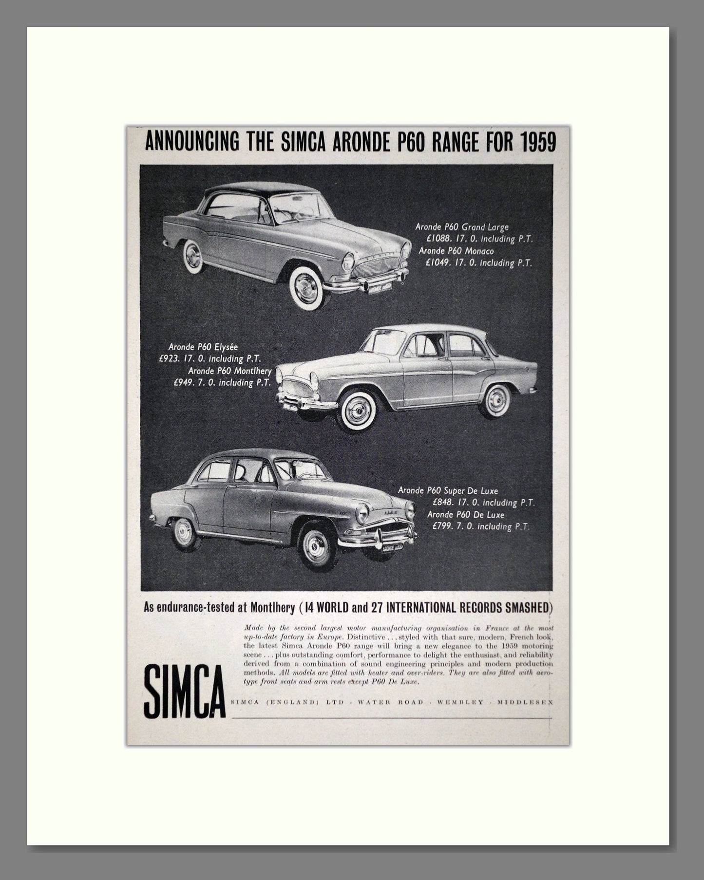 Simca - Aronde P60 Range. Vintage Advert 1958 (ref AD64069)