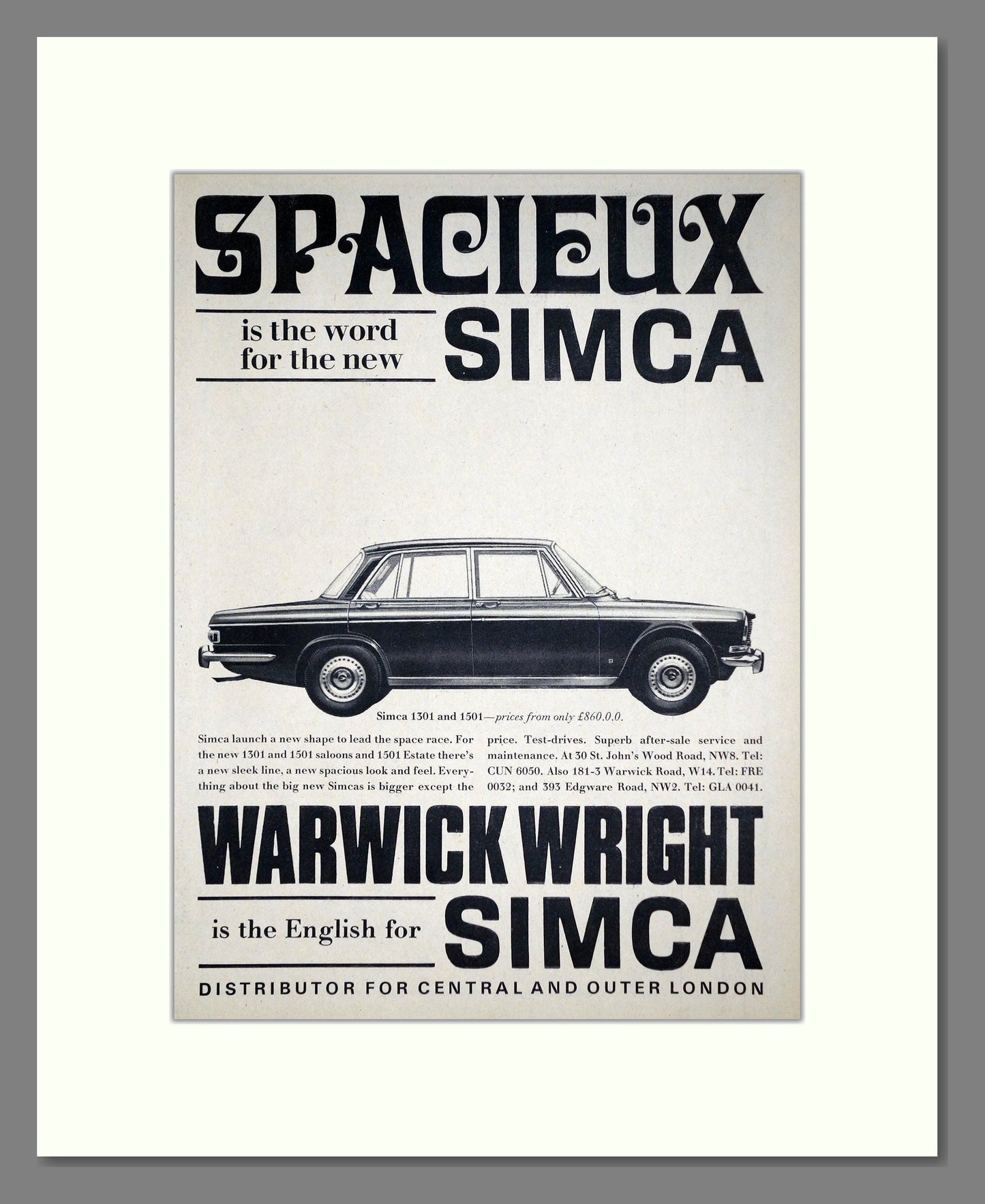 Simca - 1301 / 1501 At Warwick Wright. Vintage Advert 1966 (ref AD64084)