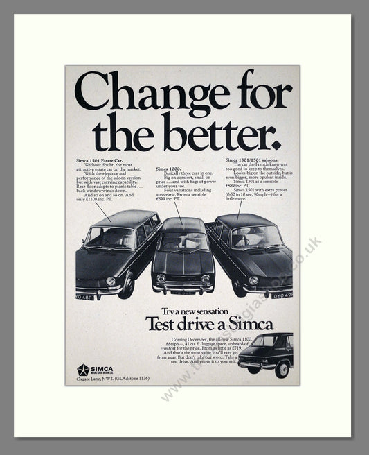 Simca - 1000 / 1301 / 1501. Vintage Advert 1967 (ref AD64093)