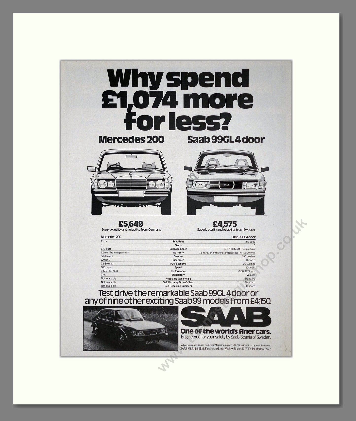 Saab - 99GL. Vintage Advert 1977 (ref AD64117)