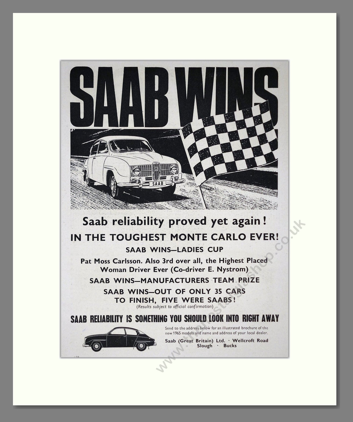 Saab - Monte Carlo  Winner. Vintage Advert 1965 (ref AD64211)