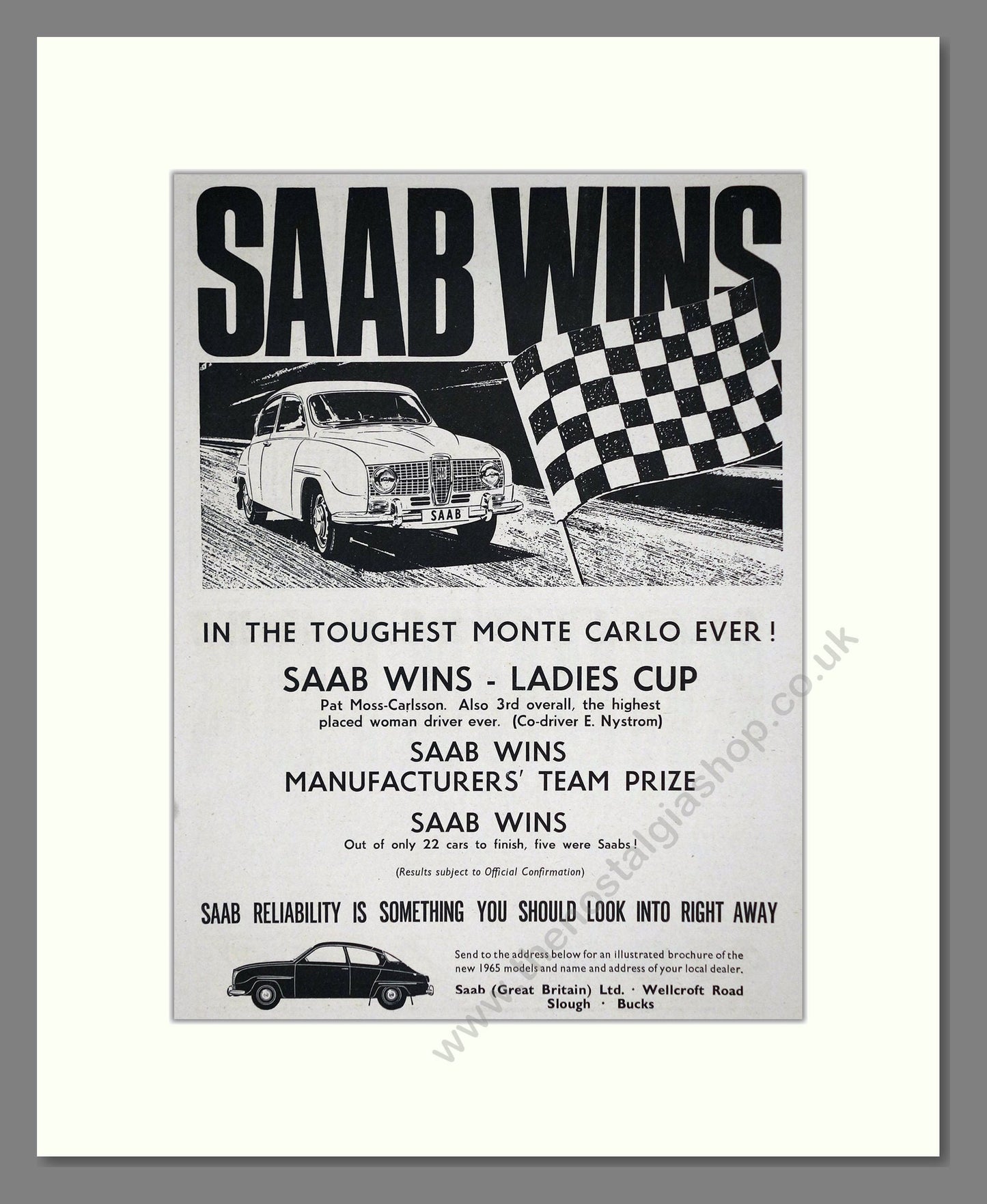 Saab - Monte Carlo  Winner. Vintage Advert 1965 (ref AD64213)