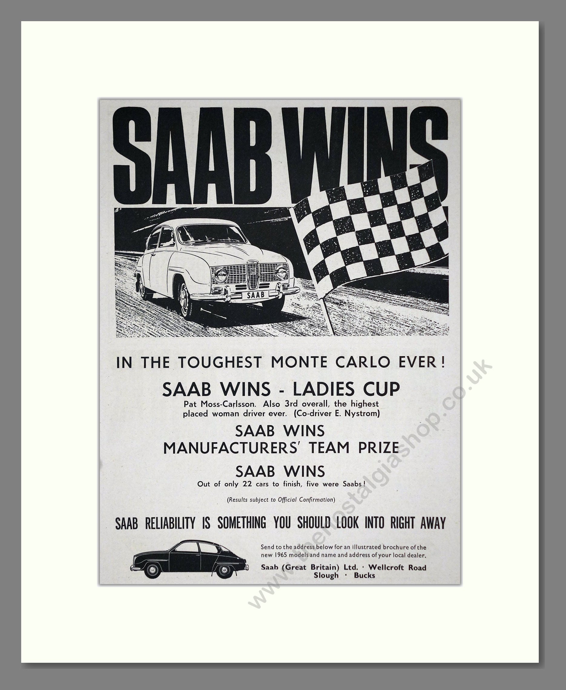 Saab - Monte Carlo  Winner. Vintage Advert 1965 (ref AD64213)