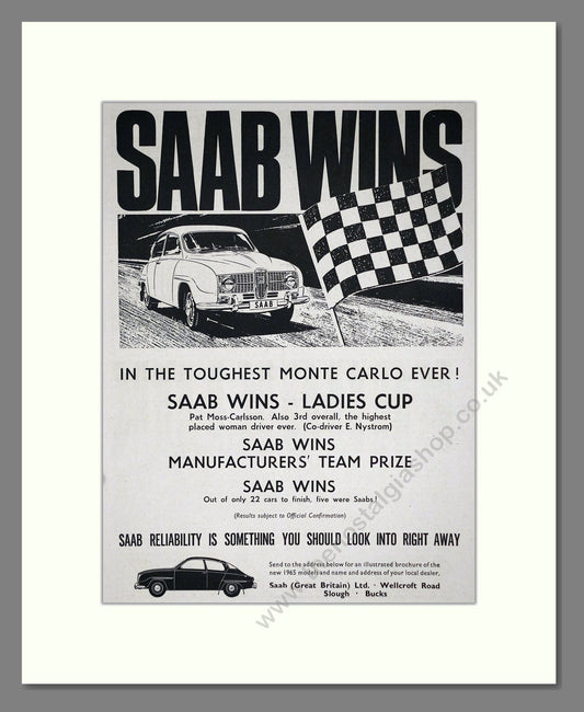 Saab - Monte Carlo  Winner. Vintage Advert 1965 (ref AD64213)