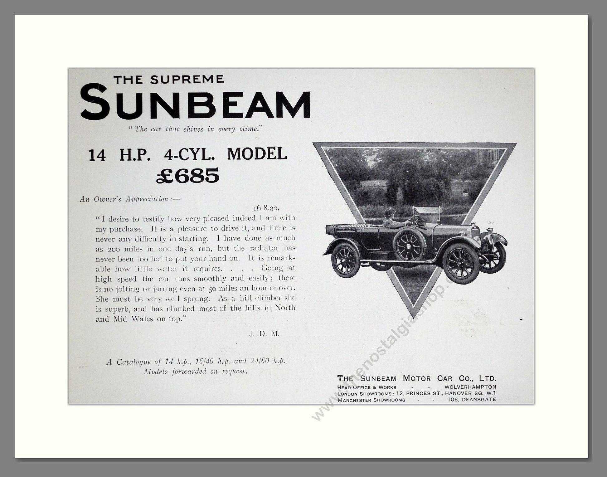 Sunbeam - 14 HP 4 Cylinder Model. Vintage Advert 1923 (ref AD64220)