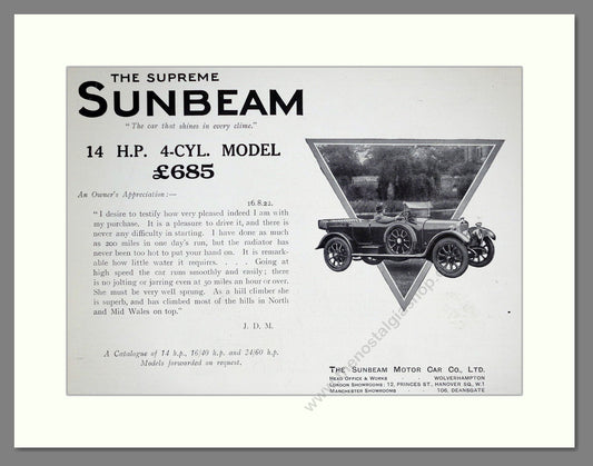 Sunbeam - 14 HP 4 Cylinder Model. Vintage Advert 1923 (ref AD64220)
