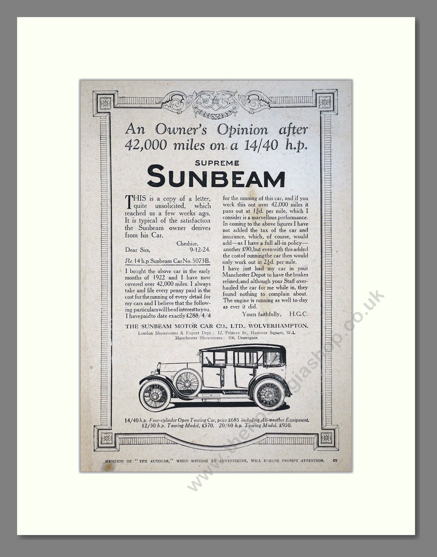 Sunbeam - Open Touring Car. Vintage Advert 1925 (ref AD64221)
