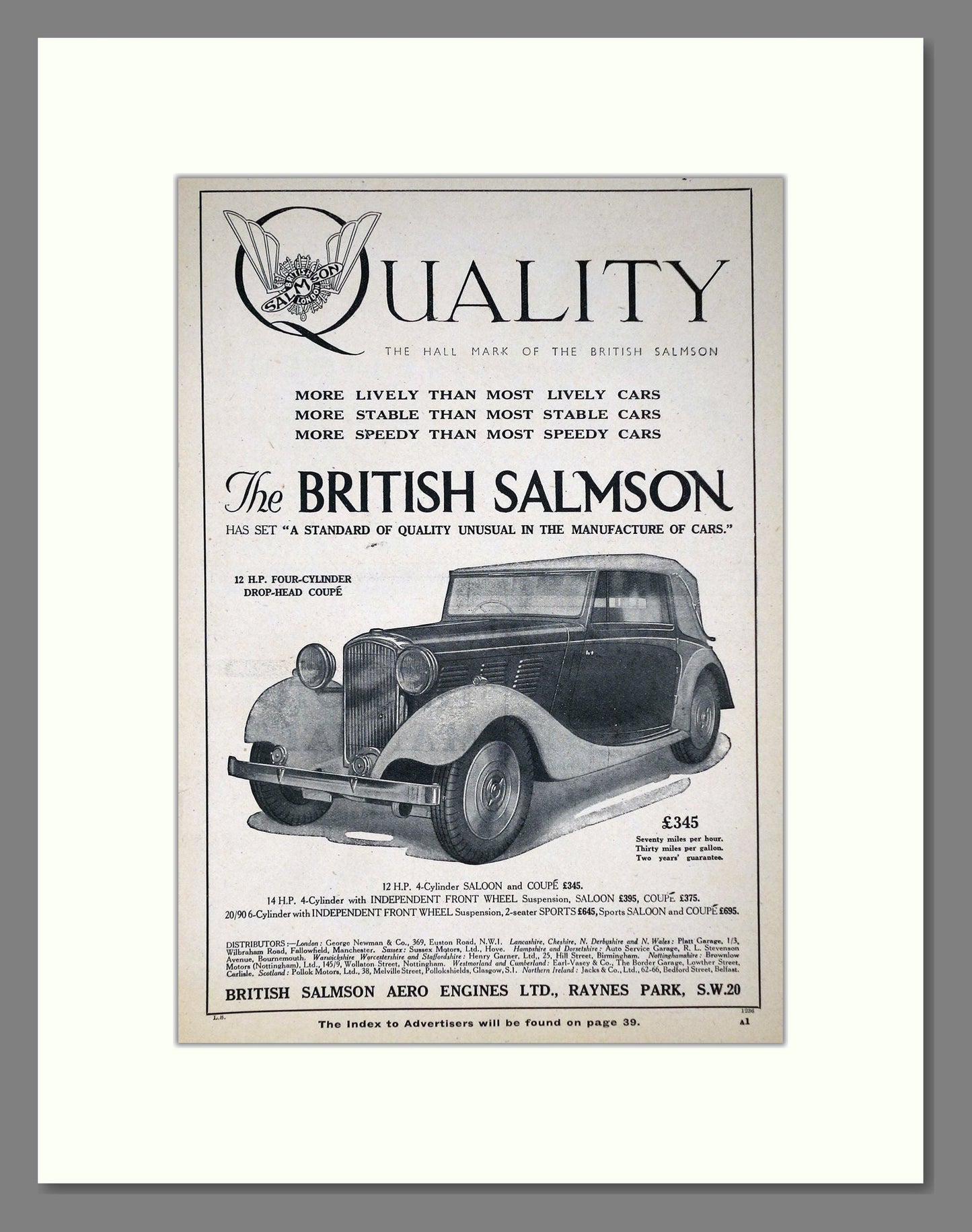 Salmson - Drop Head Coupe. Vintage Advert 1936 (ref AD64229)