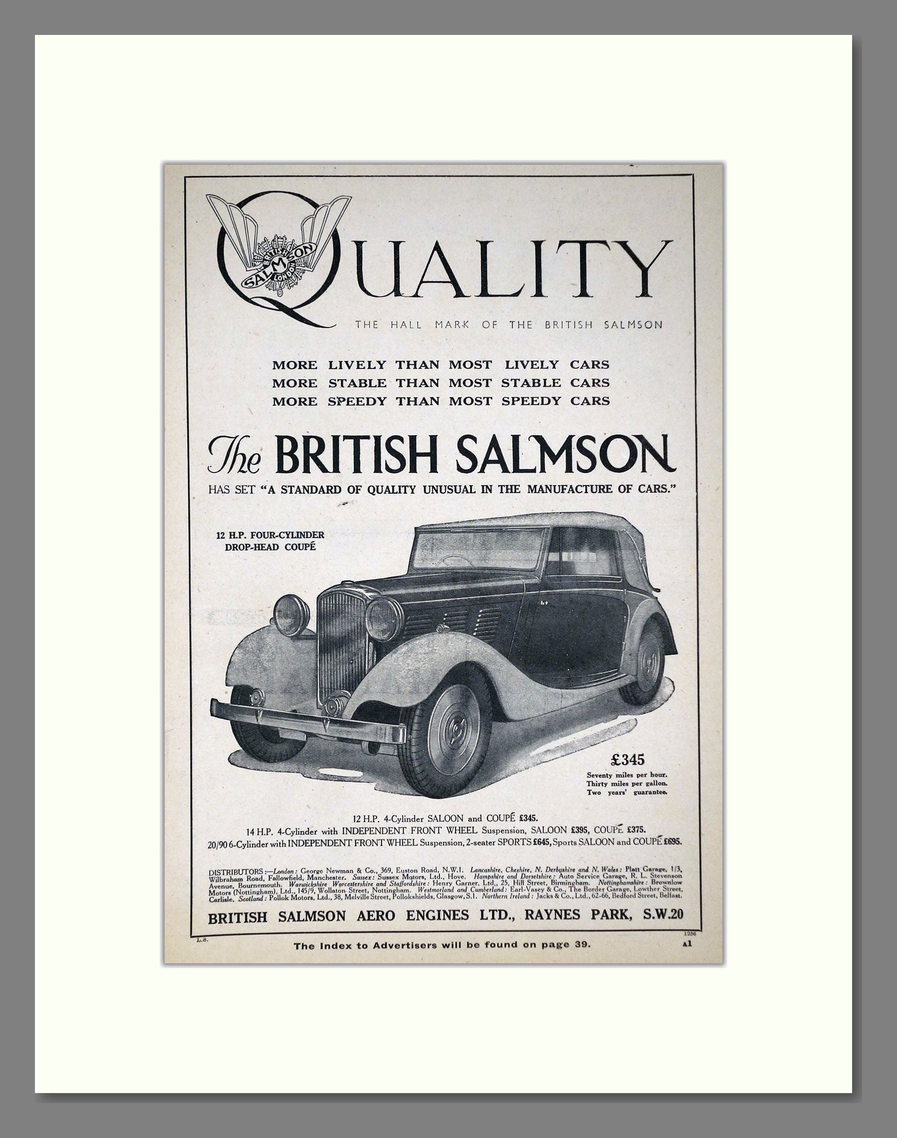 Salmson - Drop Head Coupe. Vintage Advert 1936 (ref AD64229)