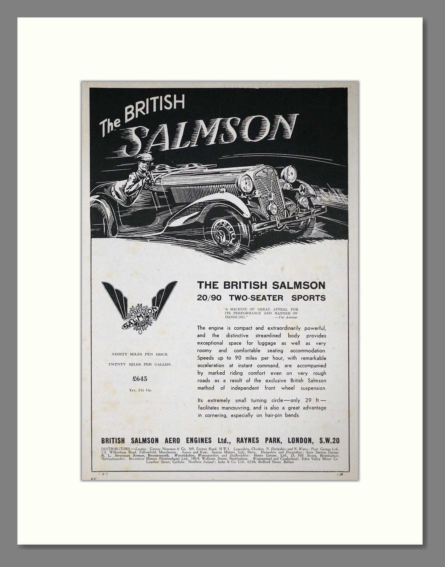 Salmson - 20/90 2 Seater Sports. Vintage Advert 1938 (ref AD64232)