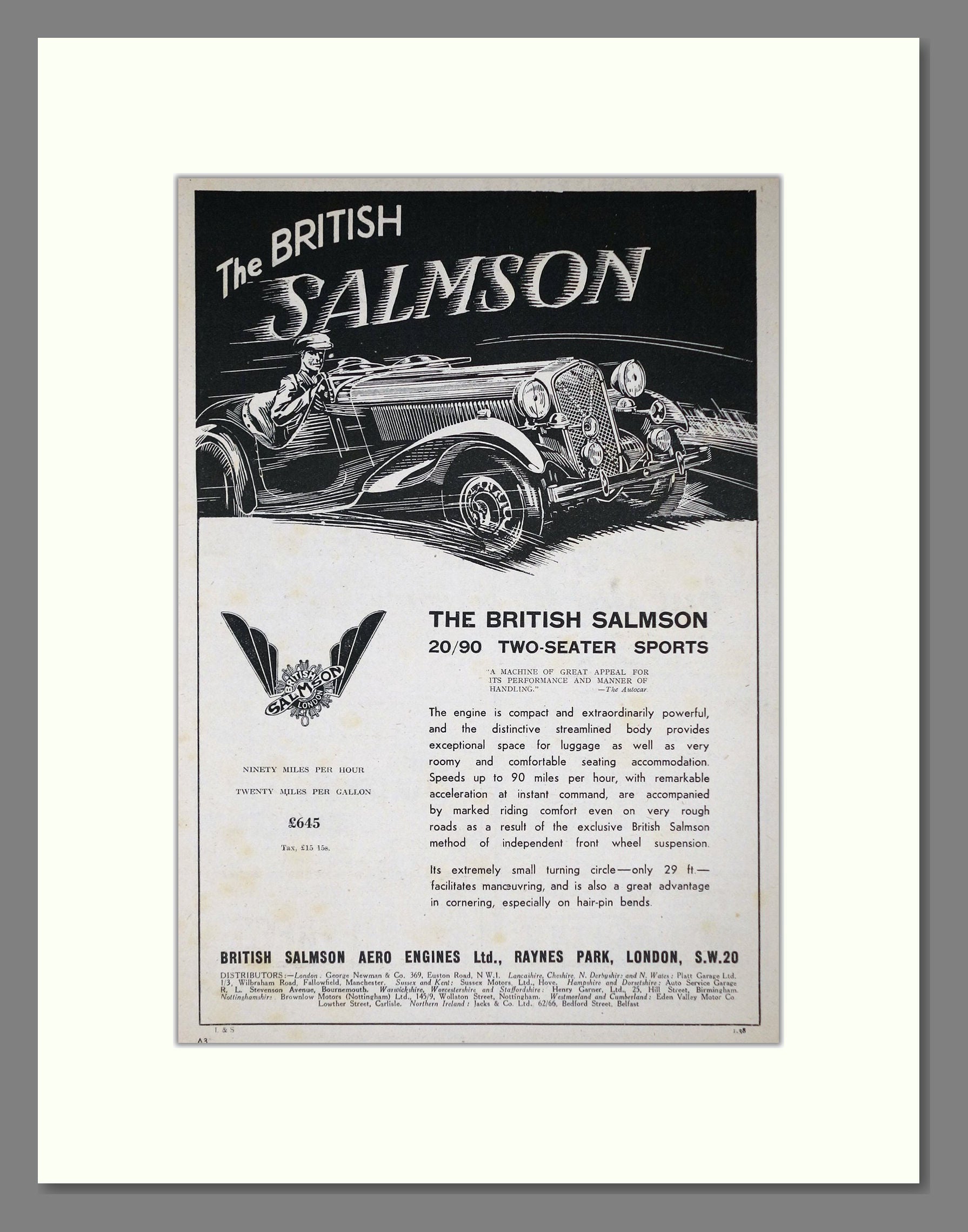 Salmson - 20/90 2 Seater Sports. Vintage Advert 1938 (ref AD64232)