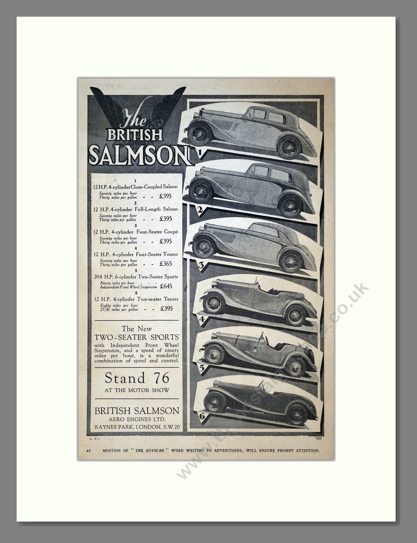 Salmson - Various Models. Vintage Advert 1935 (ref AD64234)