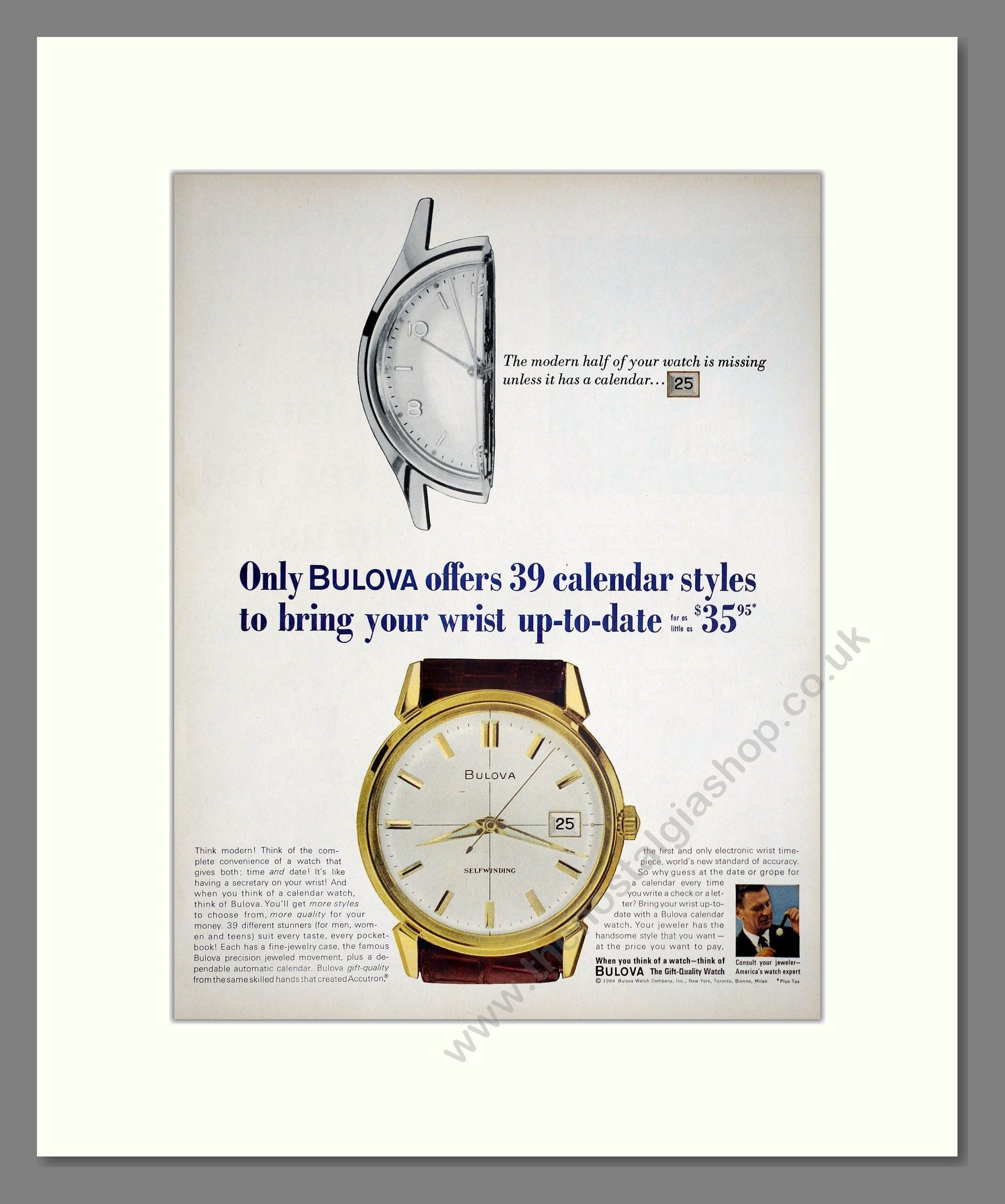Bulova - Calendar Watch. Vintage Advert 1964 (ref AD303554)