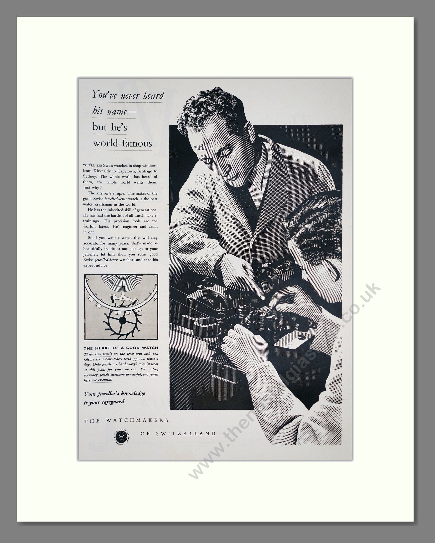 Watchmakers Of Switzerland - Jewelled Lever. Vintage Advert 1955 (ref AD303582)
