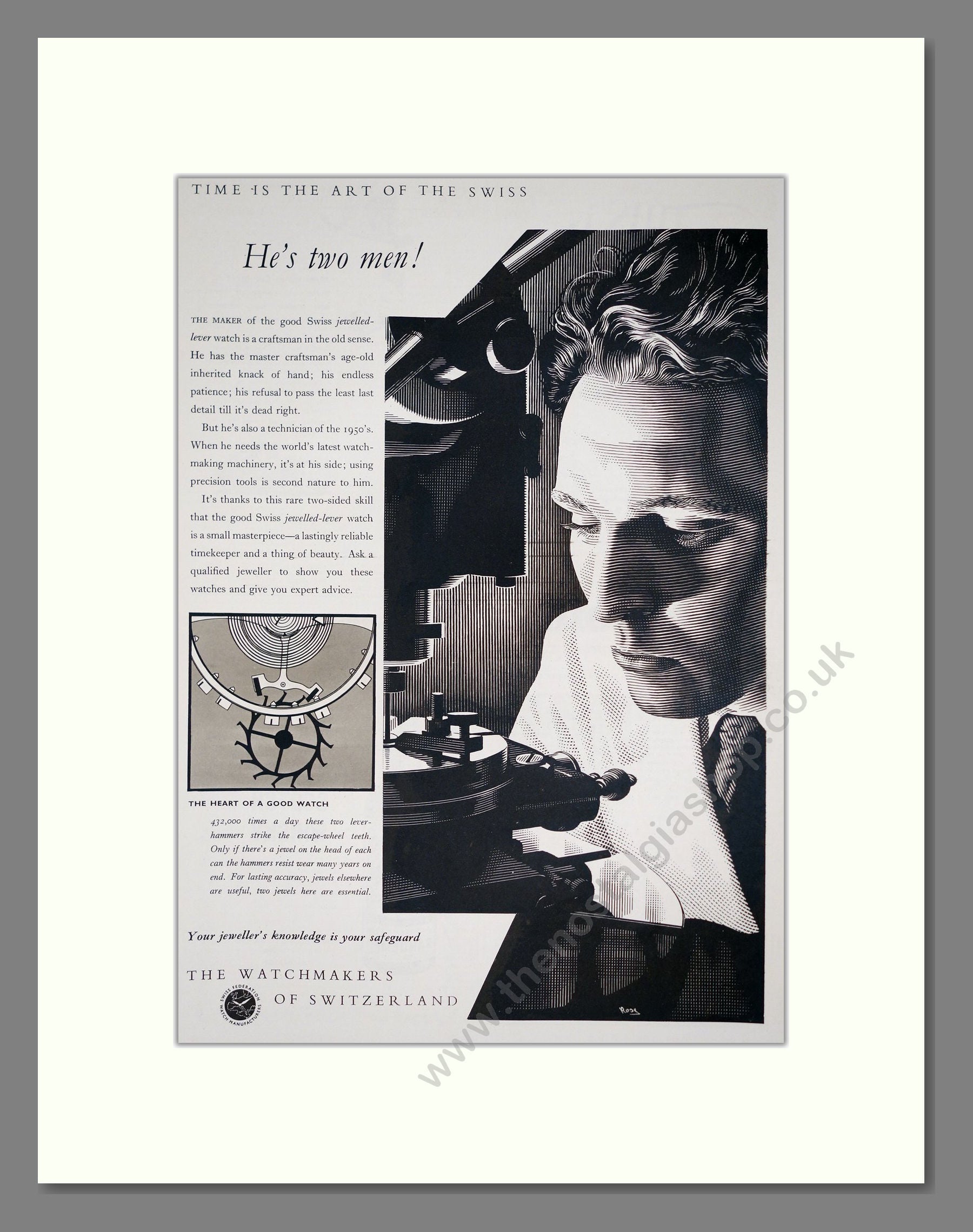 Watchmakers Of Switzerland - Jewelled Lever. Vintage Advert 1954 (ref AD303585)