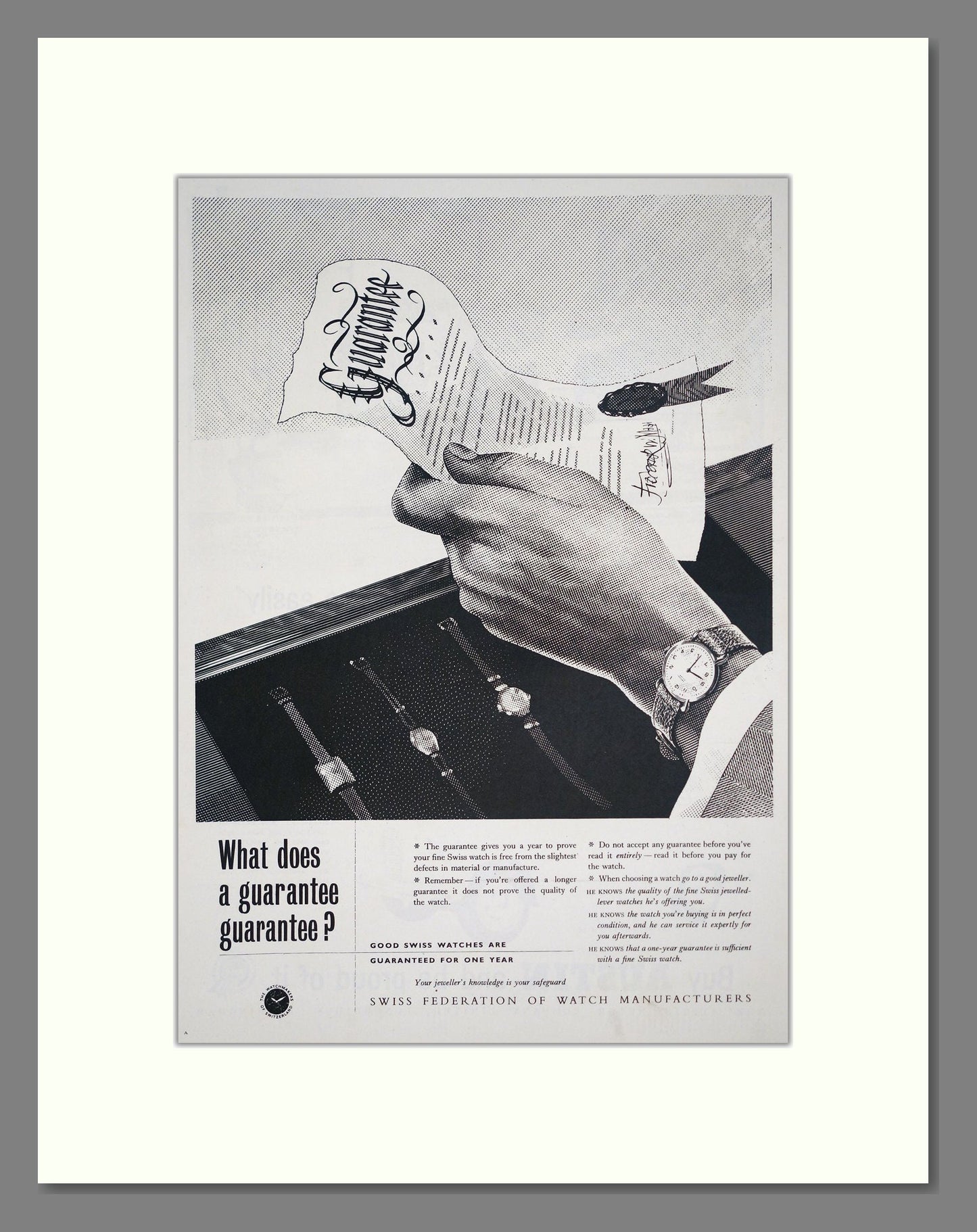 Swiss Federation Of Watch Manufacturers - Guarantees. Vintage Advert 1956 (ref AD303586)