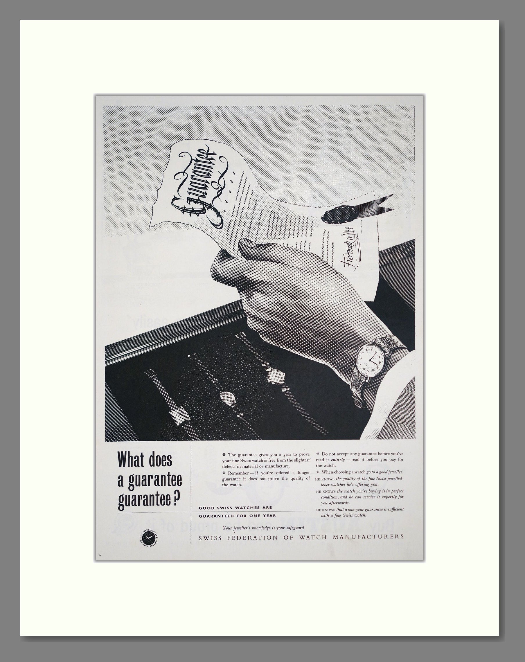 Swiss Federation Of Watch Manufacturers - Guarantees. Vintage Advert 1956 (ref AD303586)