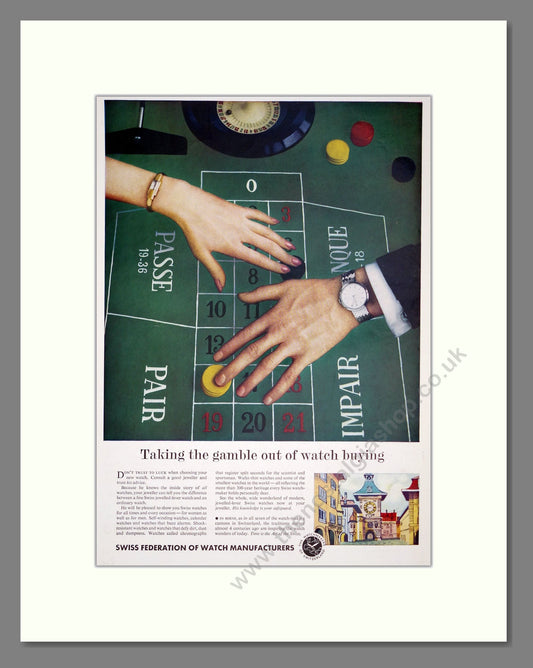 Swiss Federation Of Watch Manufacturers - Take The Gamble Out Of Watch Buying. Vintage Advert 1957 (ref AD303588)
