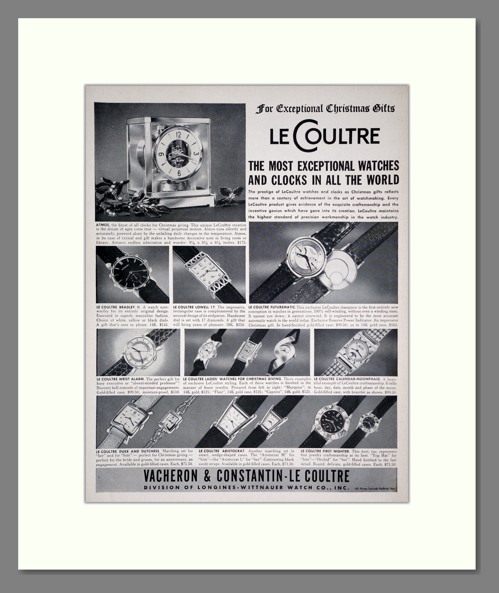 Vacheron & Constantin Le Coultre - Various Watches. Vintage Advert 1951 (ref AD303595)