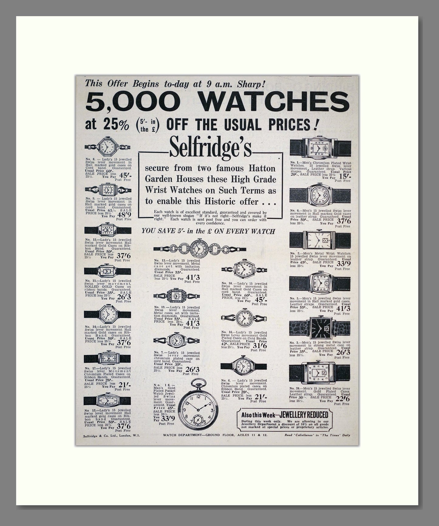 Selfridges - Various Watches. Vintage Advert 1939 (ref AD303596)