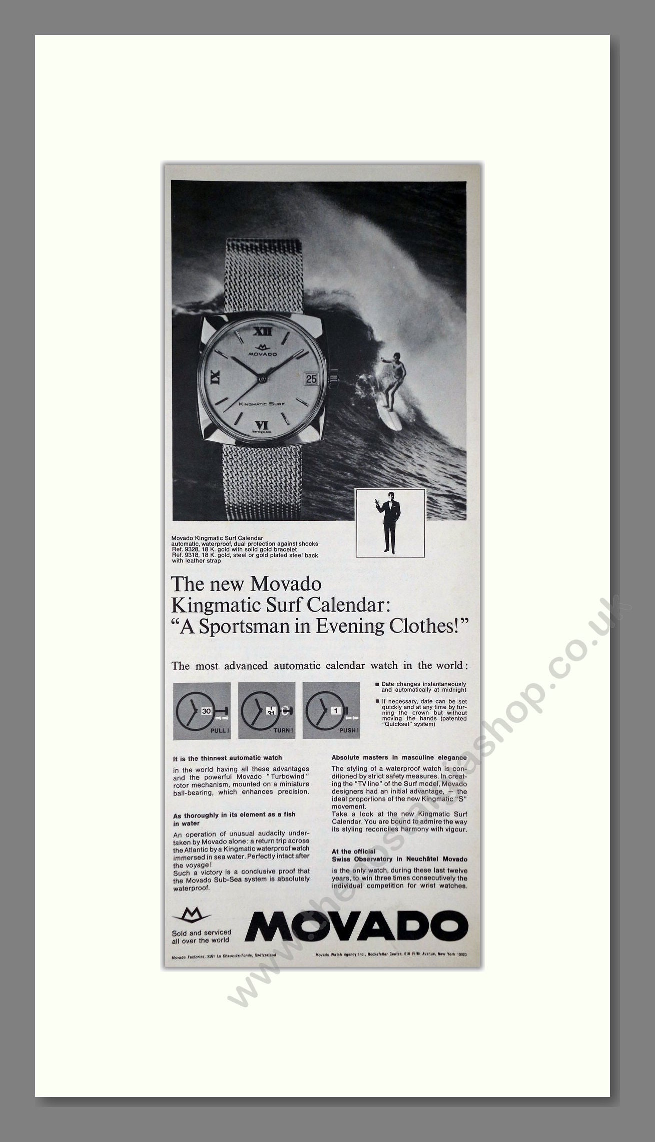 Movado - Kingmatic Surf Calendar. Vintage Advert 1967 (ref AD201547)