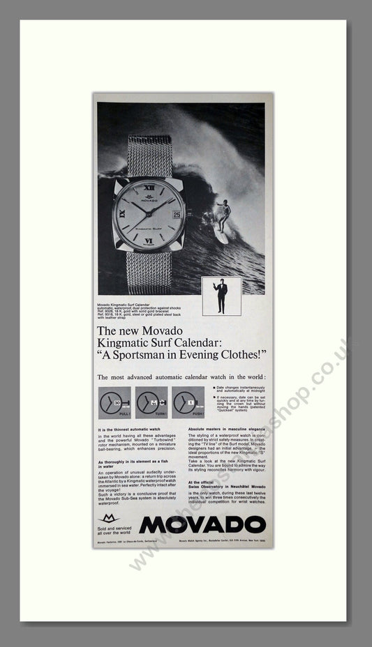 Movado - Kingmatic Surf Calendar. Vintage Advert 1967 (ref AD201547)