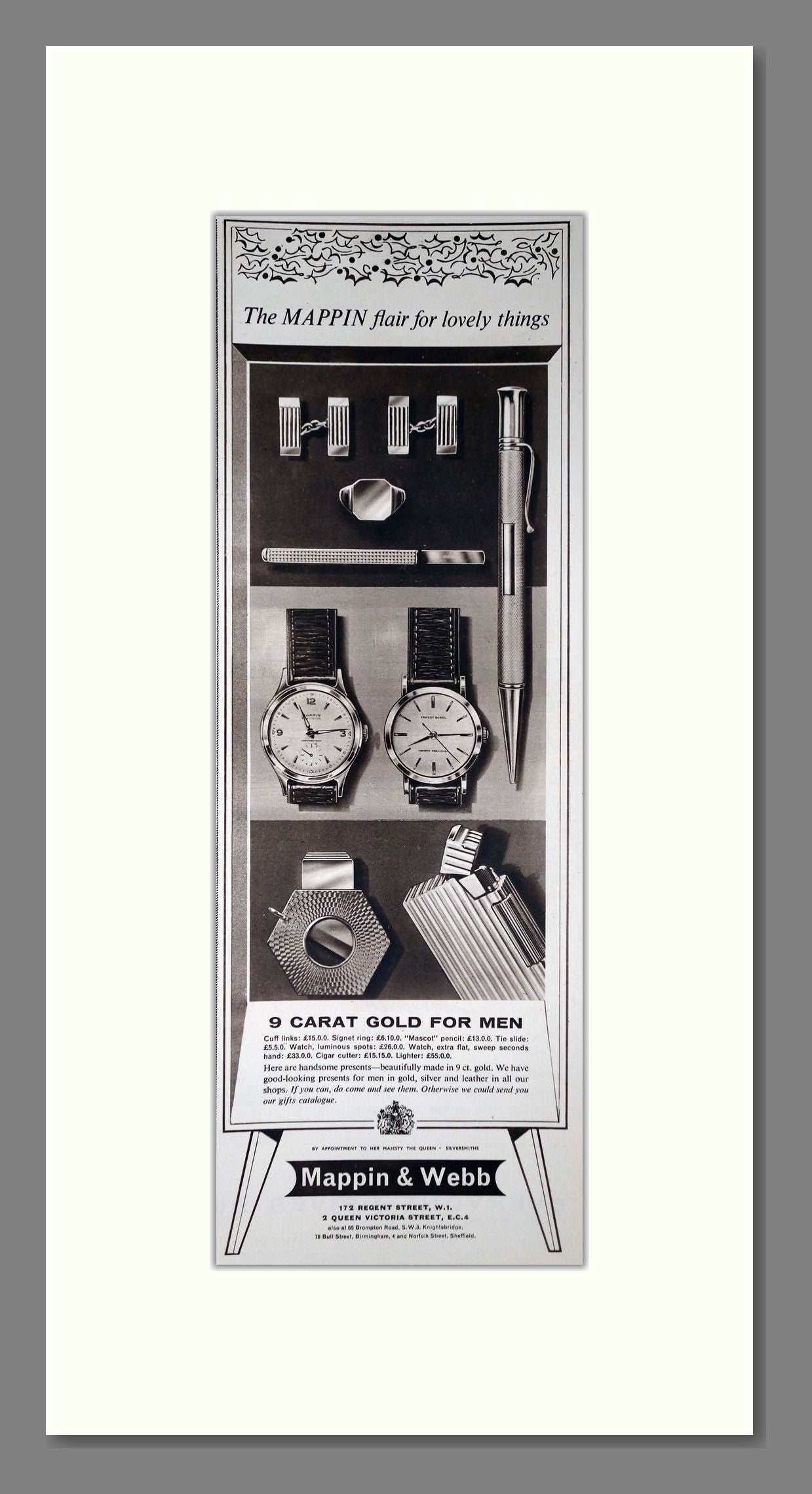 Mappin & Webb - 9 Carat Gold Watches. Vintage Advert 1960 (ref AD201557)