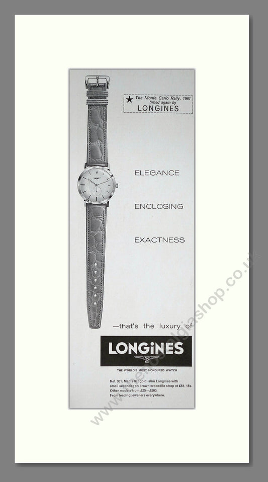 Longines - Elegance Enclosing Exactness. Vintage Advert 1961 (ref AD201558)