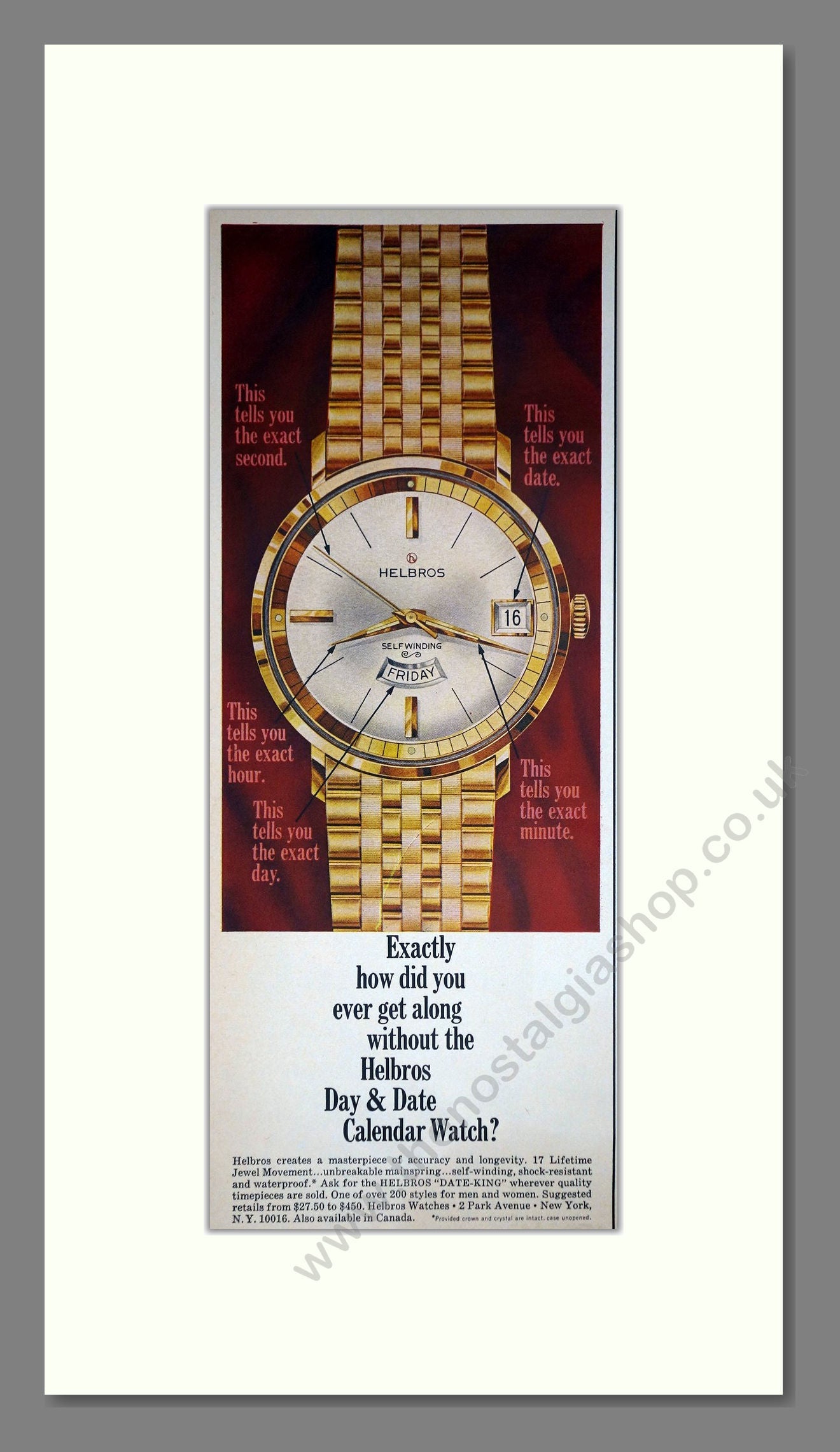 Helbros - Day Date Calendar Watch. Vintage Advert 1968 (ref AD201561)