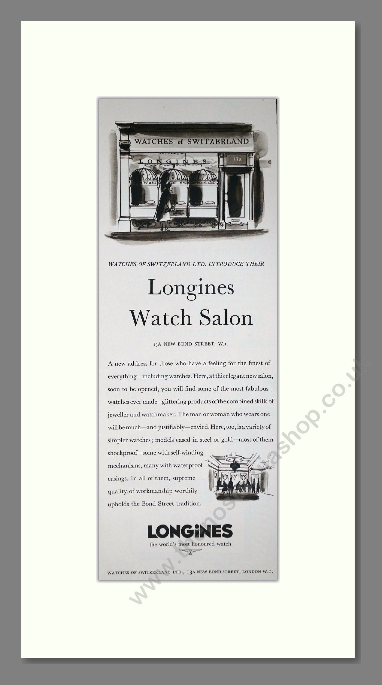 Longines - At Watches Of Switzerland. Vintage Advert 1958 (ref AD201565)