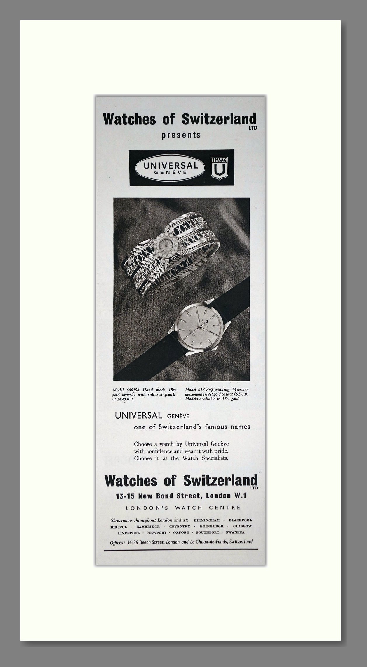 Universal - At Watches Of Switzerland. Vintage Advert 1960 (ref AD201577)