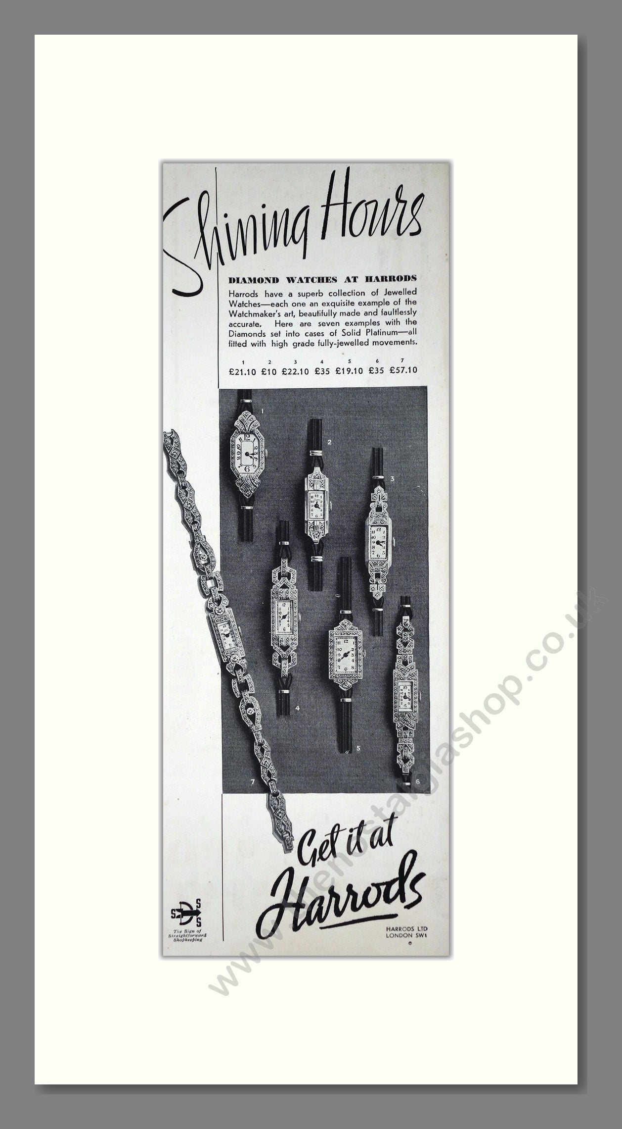 Harrods - Diamond Watches. Vintage Advert 1935 (ref AD201586)