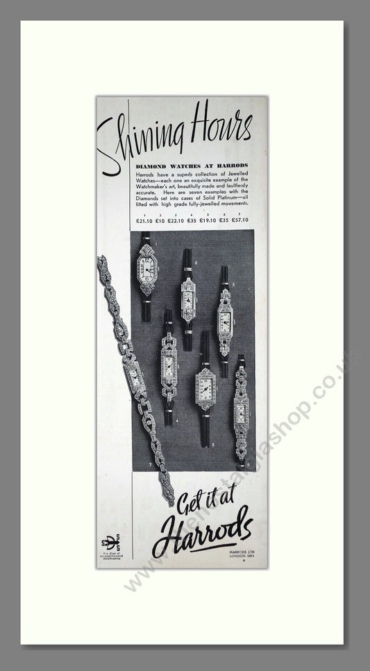 Harrods - Diamond Watches. Vintage Advert 1935 (ref AD201586)